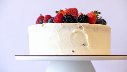 Delicious homemade cake with fresh berries on stand against light background