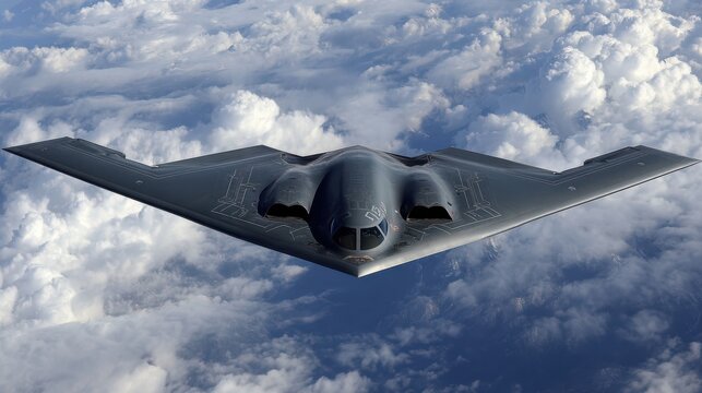 A B2 stealth bomber soars gracefully above fluffy white clouds in bright daylight, showcasing its unique design and advanced capabilities, creating an impressive aerial presence