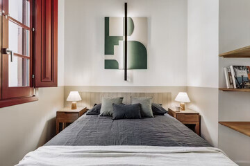 Modern luxury bedroom interior in minimal scandinavian style, 3d render