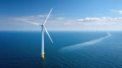 A large offshore wind turbine stands tall above calm ocean waters on a sunny day. Clear blue skies highlight the renewable energy source with gentle waves surrounding the structure