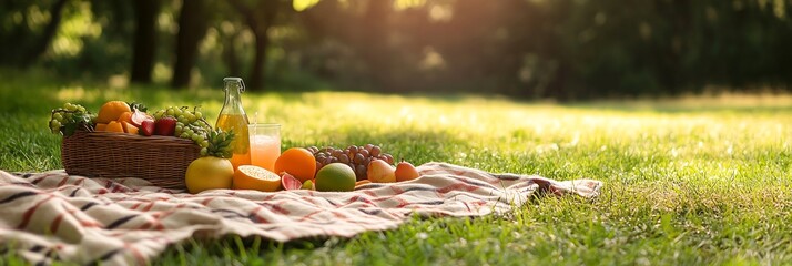 A vibrant picnic spread in a sunlit park, featuring fresh fruits and refreshing drinks.