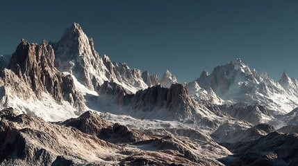 A majestic mountain range with snow-capped peaks and rocky terrain, set against a clear blue sky.