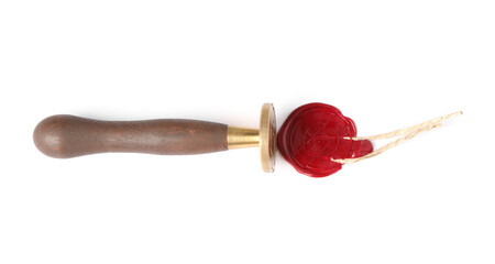 Beautiful wax stamp and red seal with twine isolated on white, top view
