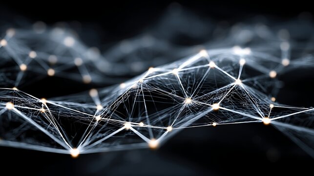 A complex network of interconnected lines and dots against a dark background, with a glowing light source at the center. The network appears to be a digital representation of a network of connections.