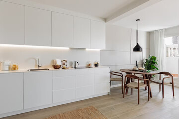 Modern luxury kitchen interior in minimal scandinavian style, 3d render