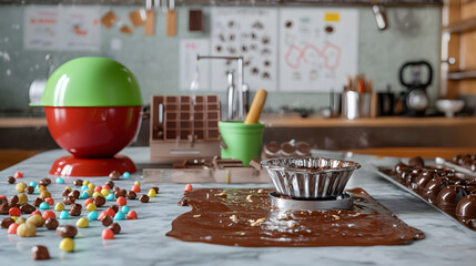 Kitchen scene with chocolate mixture in a foil-lined pan, colorful candies, and baking tools