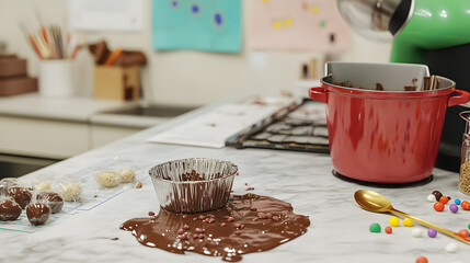 Kitchen scene with chocolate mixture in a foil-lined pan, colorful candies, and baking tools