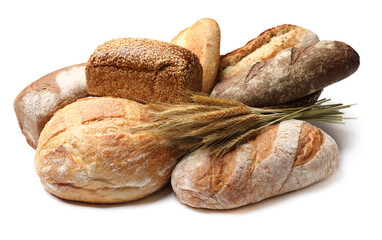 Different types of bread and spikes on white background
