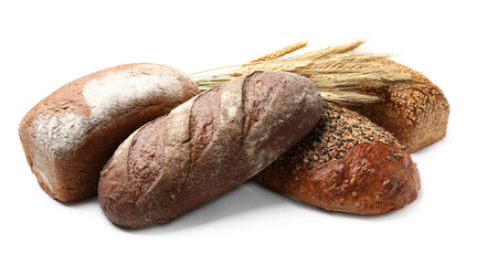 Different types of bread and spikes on white background