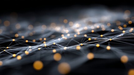 A network of interconnected lines and dots on a dark background, with a few golden dots scattered throughout. 
