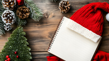 Christmas-themed workspace with notebook, pen, and festive decorations on a dark wooden table