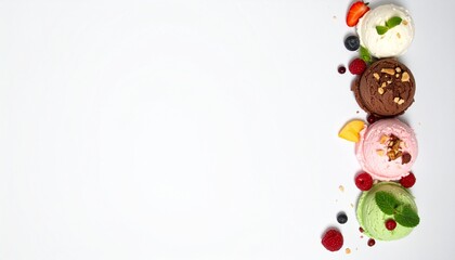 Fototapeta premium ice cream scoops of different colors and flavours with berries, sprinkles and fruits 