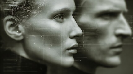 A woman and a man with digital interface overlay, set against a blurred background.