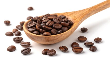 Obraz premium Wooden spoon filled with brown roasted coffee beans. Great for coffee shop menus, food blogs, kitchenthemed designs, and coffee advertisements.