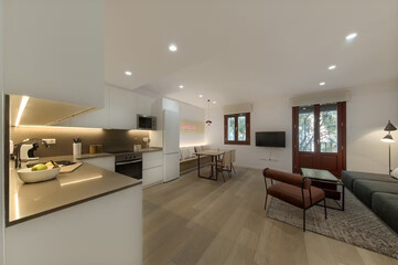 Modern luxury kitchen interior in minimal scandinavian style, 3d render