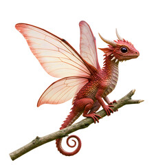 Fototapeta premium Red Dragon Perched on Branch with Delicate Wings Fantasy Creature