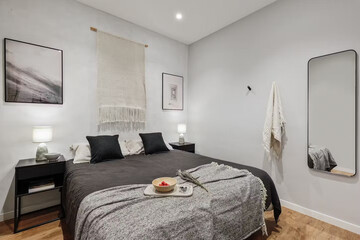 Modern luxury bedroom interior in minimal scandinavian style, 3d render