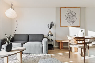 Modern luxury apartment interior in minimal scandinavian style, 3d rendering