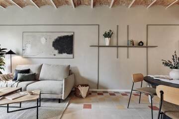 Modern luxury apartment interior in minimal scandinavian style, 3d rendering