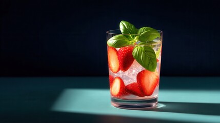 Refreshing Strawberry Basil Drink in Glass with Ice Cubes