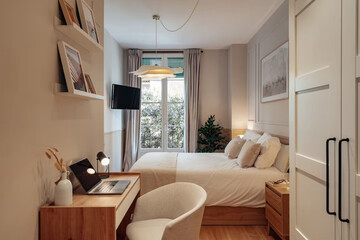 Modern luxury bedroom interior in minimal scandinavian style, 3d render
