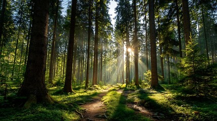 Obraz premium A serene forest scene with tall trees, a path, and sunlight filtering through, creating a peaceful atmosphere.