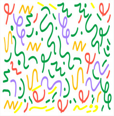 A cheerful and energetic abstract pattern filled with colorful, hand-drawn doodles, wavy lines, and squiggles on a white background.