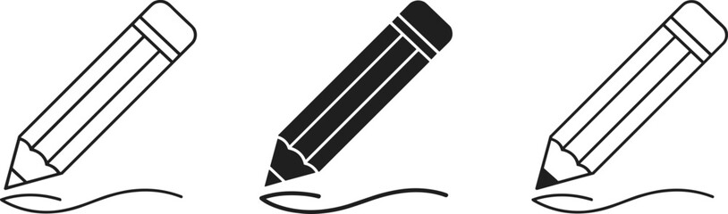 Creative pencil drawing icon set, solid and outline style, perfect for design, sketch, art, school, and education projects