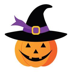 Bright orange halloween pumpkin wearing a witch hat