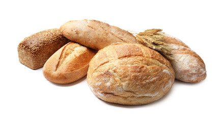 Different types of bread and wheat spikes isolated on white