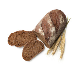 Fresh bread and wheat spikes isolated on white, top view