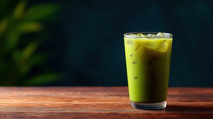 Refreshing Green Beverage in Glass with Ice on Wooden Table