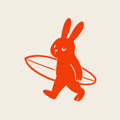 Simple, flat illustration of an orange/red rabbit carrying a surfboard
