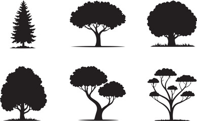 A comprehensive collection of diverse tree silhouettes, featuring various species and sizes.