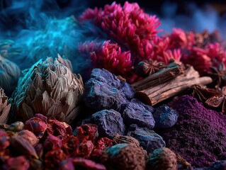 Vibrant colorful correspondences of natural mineral stones flowers and wood textures in a dynamic arrangement