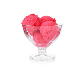 Delicious raspberry sorbet in glass dessert bowl isolated on white