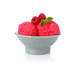 Delicious raspberry sorbet with fresh berries and mint in bowl isolated on white