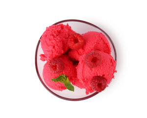Delicious raspberry sorbet with fresh berries and mint in bowl isolated on white, top view