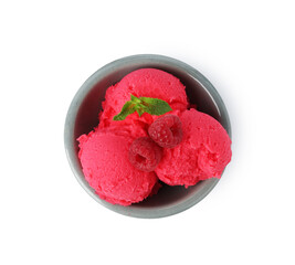 Delicious raspberry sorbet with fresh berries and mint in bowl isolated on white, top view