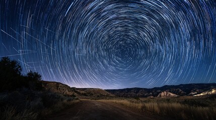 Star trails forming double spirals in a velvet sky with glowing meteors, showcasing cosmic beauty.