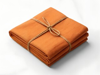 Folded Orange Cotton Towels Tied with Rope on White Background