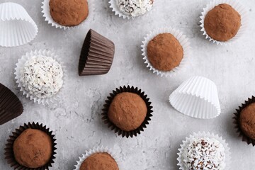Delicious homemade candies with cocoa powder and coconut flakes on light grey table, flat lay