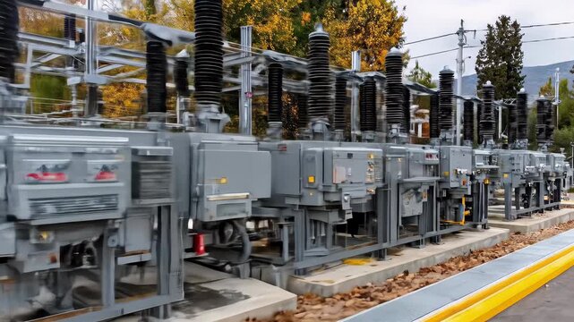 A row of transformers stand ready to convert electricity within an electrical substation, ensuring power distribution and high voltage management in the network.