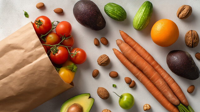Bright and airy flat lay of a tipped brown paper grocery bag, showcasing a variety of fresh ingredients like tomatoes, avocados, carrots, nuts, and an assortment of colorful fruits and vegetables scat