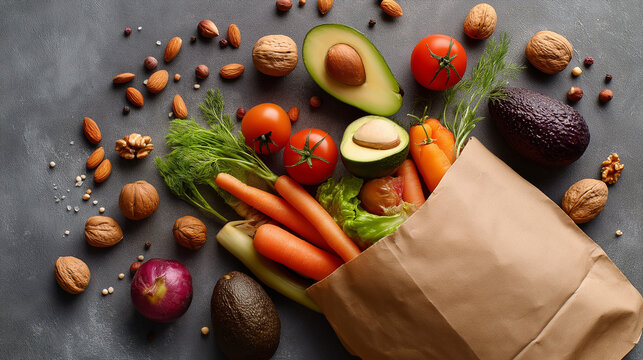 Bright and airy flat lay of a tipped brown paper grocery bag, showcasing a variety of fresh ingredients like tomatoes, avocados, carrots, nuts, and an assortment of colorful fruits and vegetables scat
