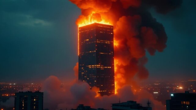 A tall building engulfed in flames, with thick smoke billowing out