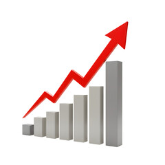 Rising bar graph with red arrow indicating growth and positive trend