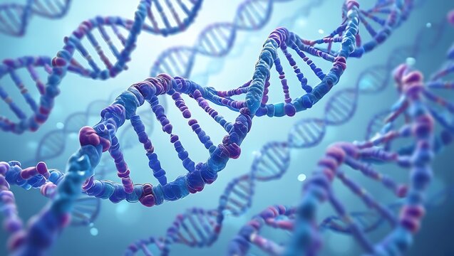 DNA helix and strand on blue background with 3D molecular structure
