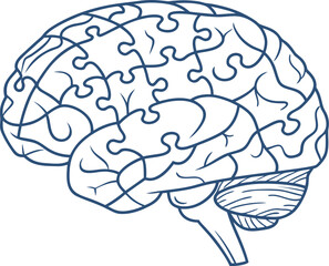 Vector art of brain depicted as a jigsaw puzzle, representing complex thought processes, isolated on white background