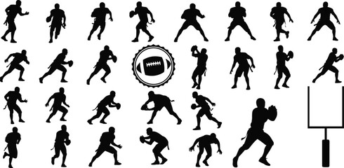 Naklejka premium Collection of American football player silhouettes in action poses, vector sports design with ball emblem, running, passing, goalpost illustration for graphic use